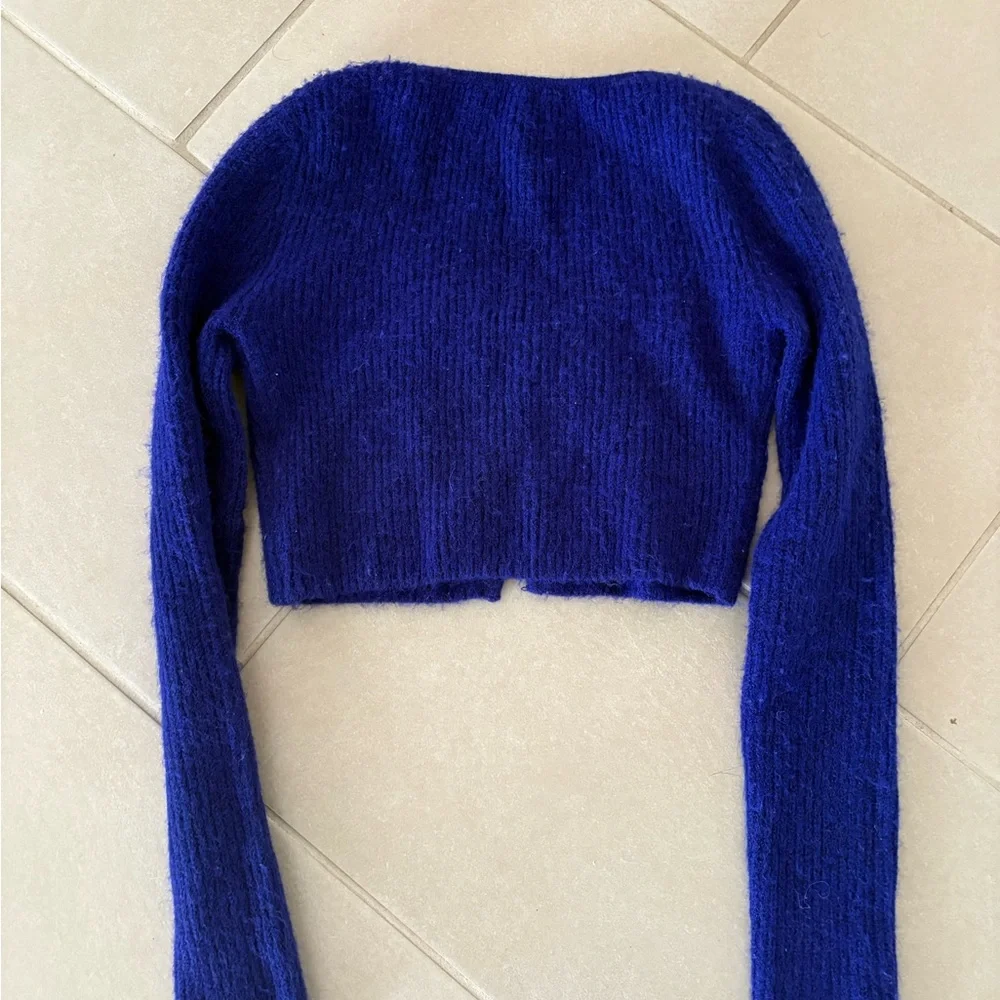Zara Royal Blue Fuzzy Cropped Cardigan - Soft Knit V-Neck Sweater - Size S - Picture 9 of 9